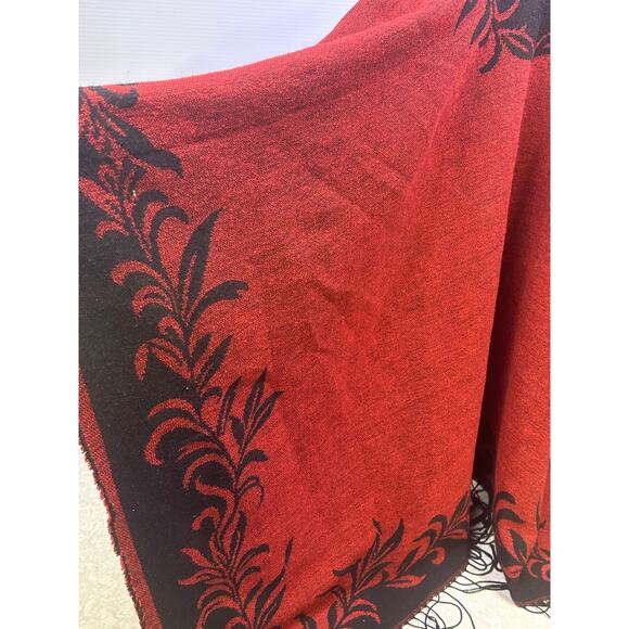 Cashmere Feel Boho Wrap Shawl Reversible Black Red Floral Black Fringe Soft Warm - Picture 4 of 8